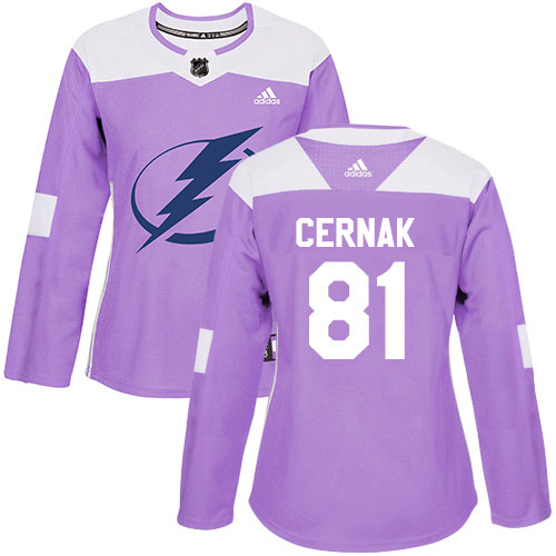 Adidas Tampa Bay Lightning #81 Erik Cernak Purple Authentic Fights Cancer Women Stitched NHL Jersey->women nhl jersey->Women Jersey